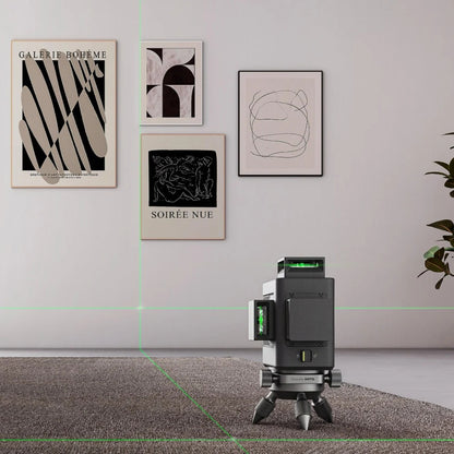 Laser level on a carpeted floor with abstract art on the wall