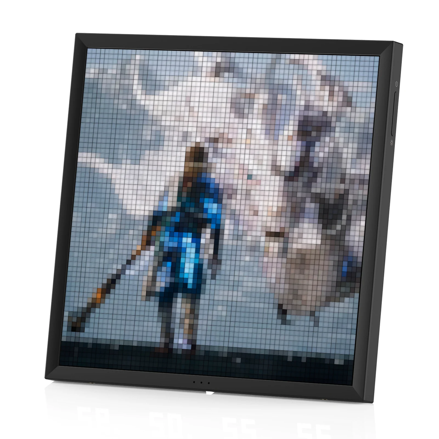Divoom Pixoo 16×16 RGB Pixel LED Display (Smart App, Desktop & Wall Mount) Pixelated artwork of a character and wolf in a frame on a white background