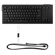 Black keyboard with wrist strap and USB cable on a white background
