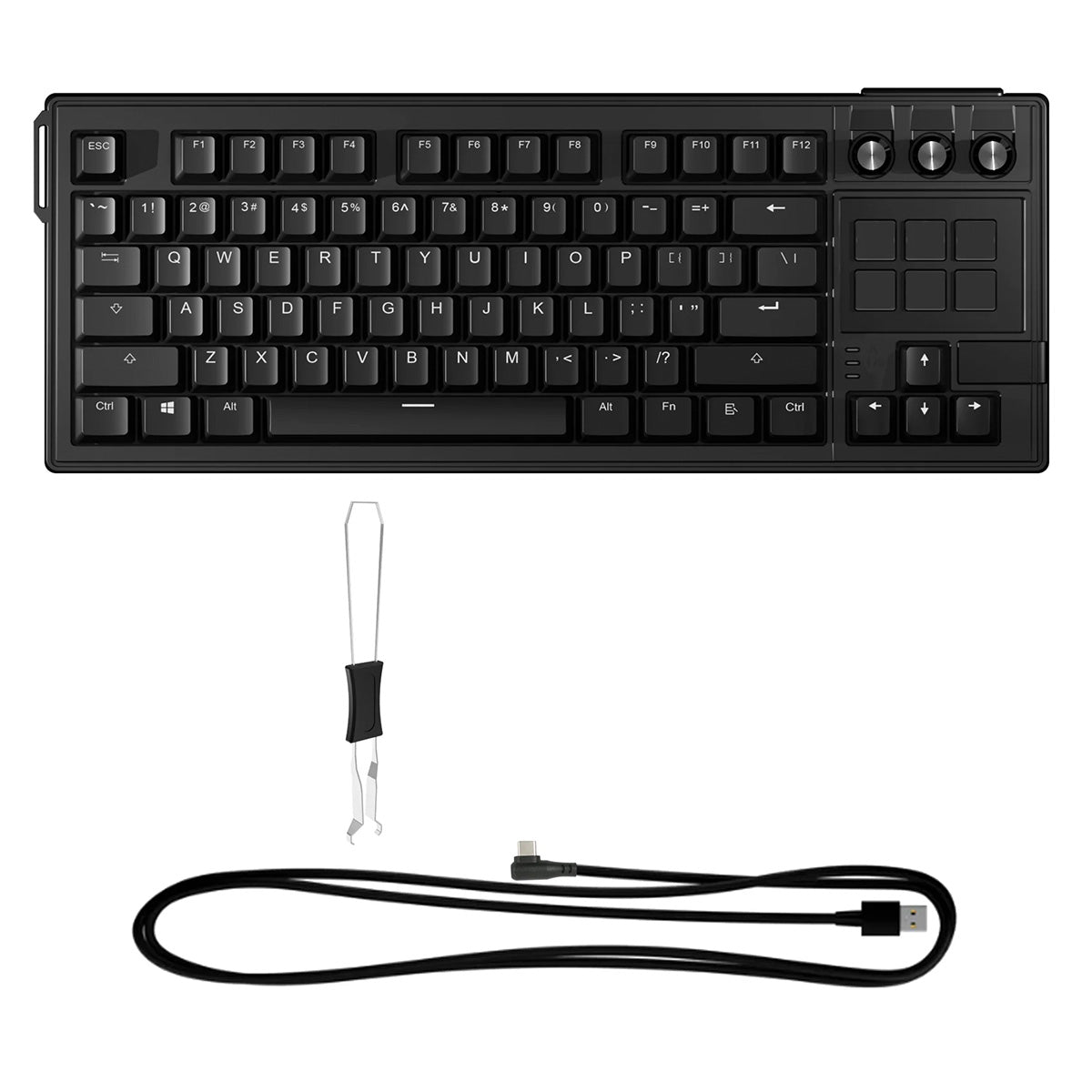 Black keyboard with wrist strap and USB cable on a white background