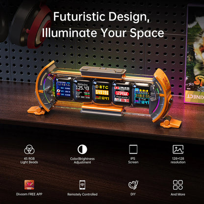 Futuristic digital clock with multiple displays on a wooden surface, featuring text and icons about its features.