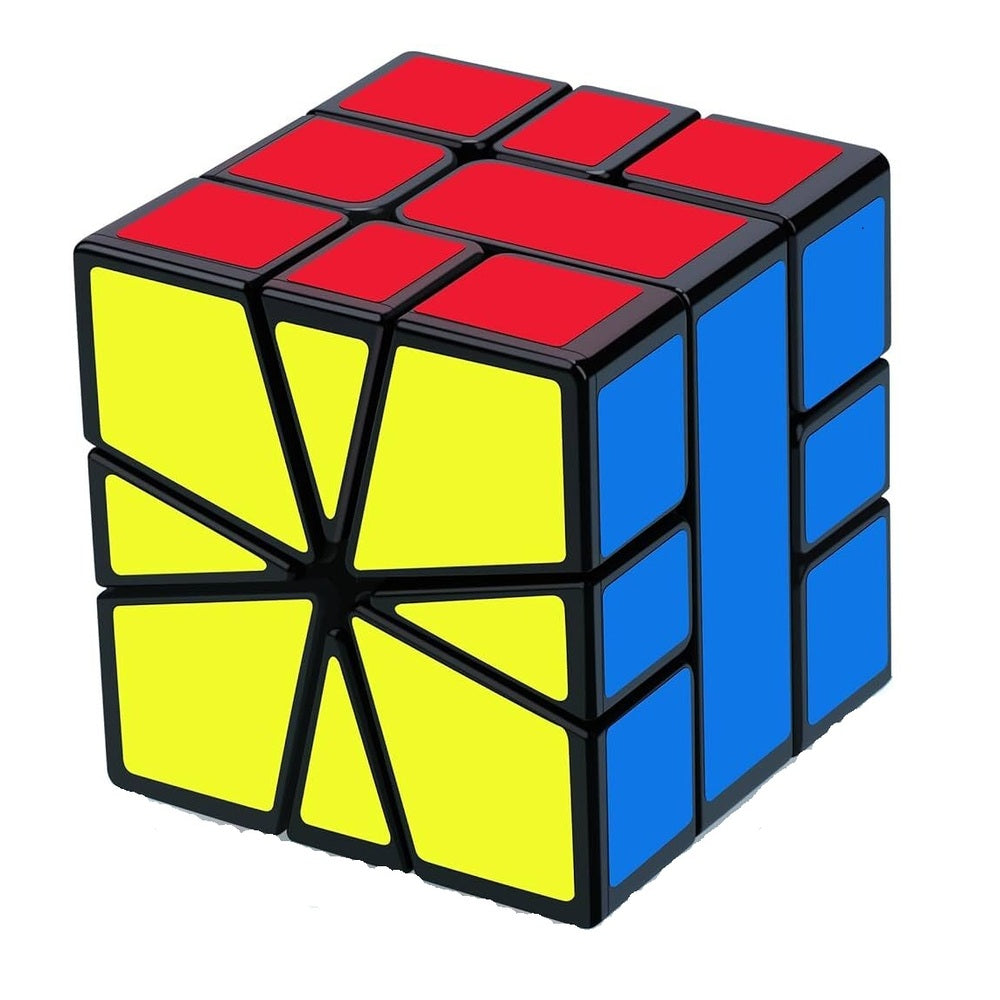 Twisted Rubik's Cube with red, yellow, and blue sides on a white background