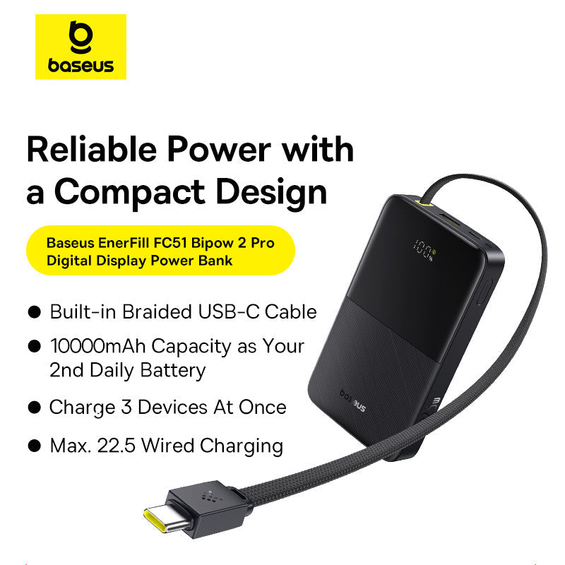 Baseus power bank with USB-C cable on a white background