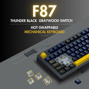 Mechanical keyboard with hot-swappable feature on a gray background