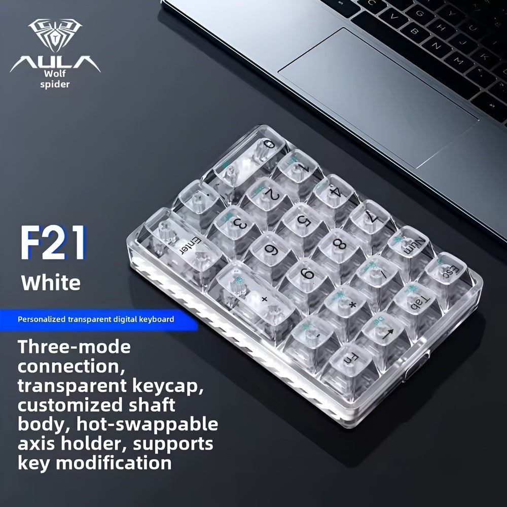 Transparent digital keyboard with customizable shaft body and key modification features on a dark surface.