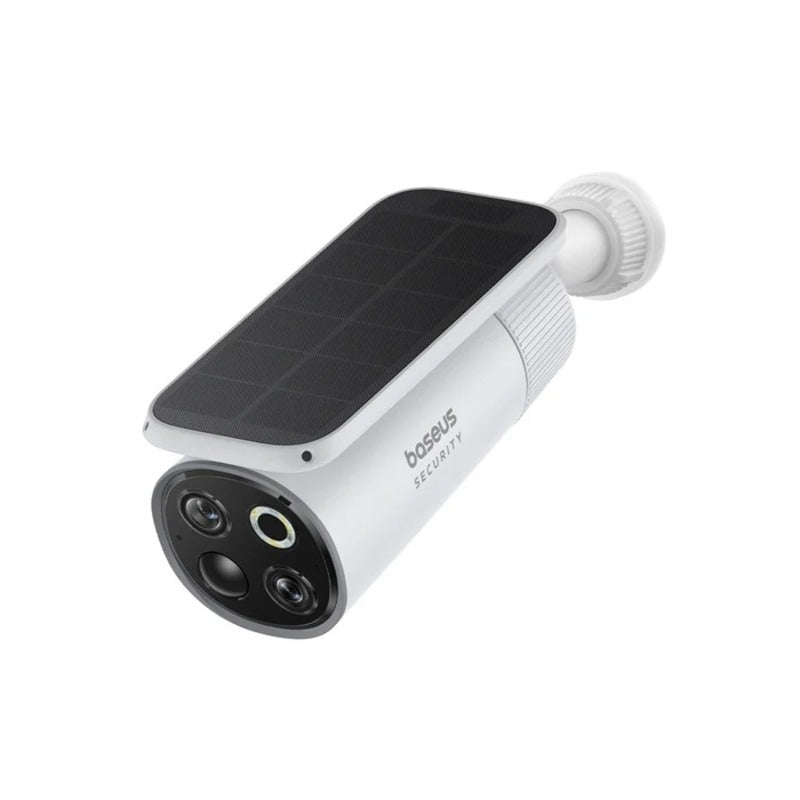 Solar-powered security camera with 'baseus' branding on a white background