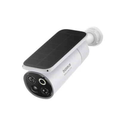 Solar-powered security camera with 'baseus' branding on a white background
