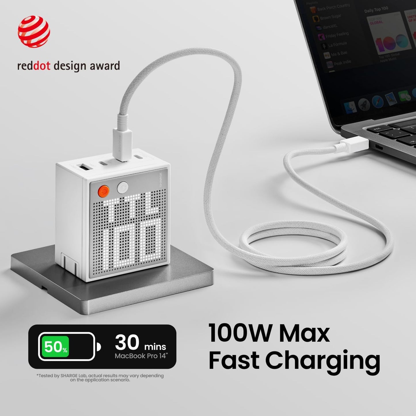 Sharge Pixel 100W GaN Charger (3×USB‑C, USB‑A, Dot‑Matrix Display) Fast charging device with laptop on a light gray background, featuring Red Dot Design Award logo.