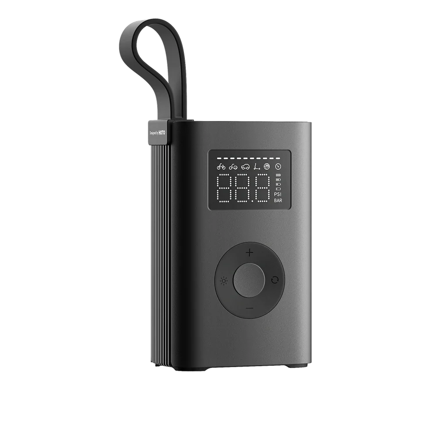 HOTO Electric Air Pump Portable Tire Inflator Black portable audio player with digital display on a white background