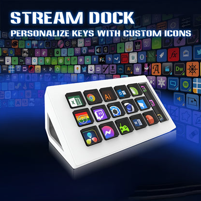 Stream Dock with customizable keys and icons on a reflective surface