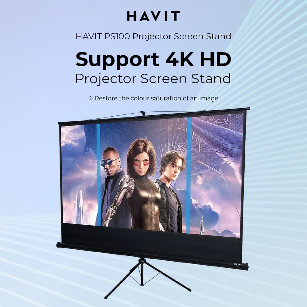HAVIT PS100 100-Inch 4K Projector Screen Portable Anti-Glare Havit projector screen stand displaying a movie scene with text highlighting 4K HD support.