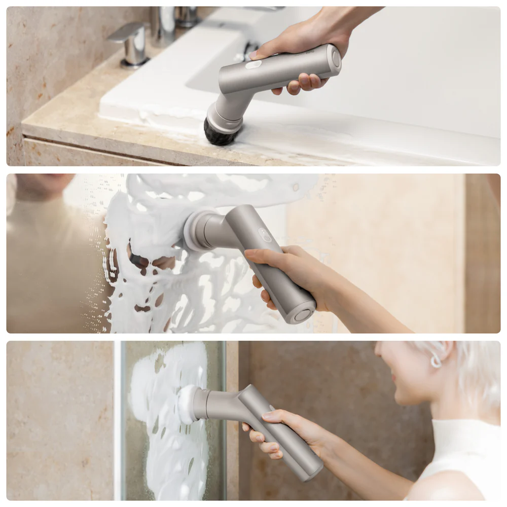 HOTO Electric Kitchen Scrubber 9 Brush Head Set Handheld cleaning tool being used to clean a sink, shower, and bathtub.