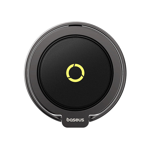 Black wireless charging pad with yellow logo on a white background