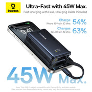 Baseus charging cable and power bank with smartphone on a white background