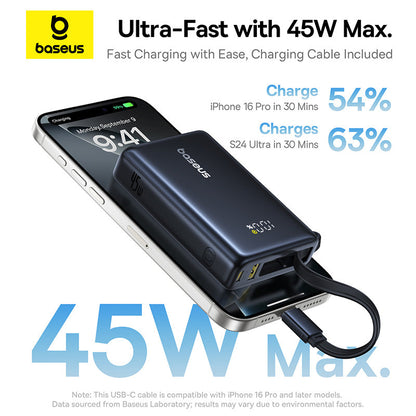 Baseus charging cable and power bank with smartphone on a white background