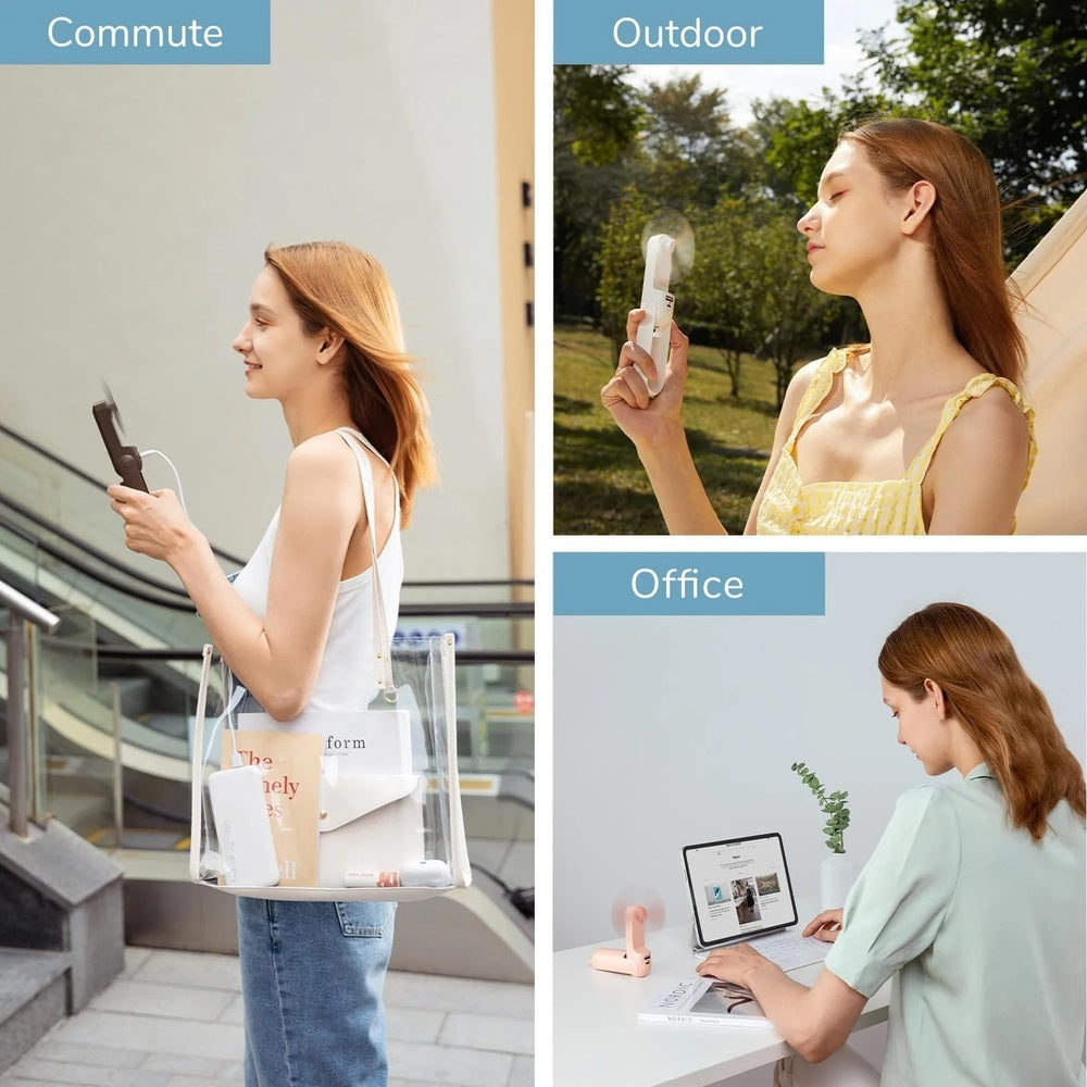 Jisulife Life8 3-in-1 Portable Fan Power Bank Torch USB-C Woman using a phone in different settings: commute, outdoor, office.