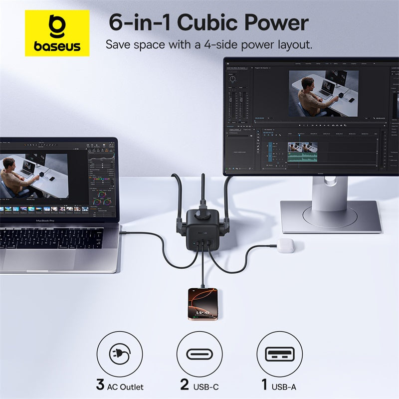 Baseus 6-in-1 cubic power adapter with multiple connectivity options on a white background