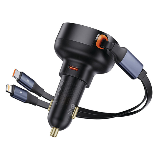 Baseus Enjoyment Pro 60W Car Charger Retractable TYpe-C & iP Cable, Type-C port available on white background