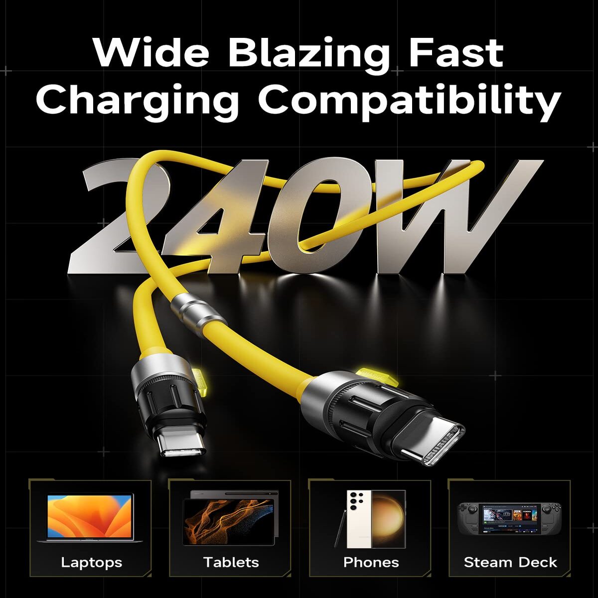 Sharge Phantom USB‑C to USB‑C Cable (240W PD 3.1, 1.2m Silicone, LED Indicator) Yellow charging cable with metallic connectors on a black background, featuring text about wide blazing fast charging compatibility and 240W power.