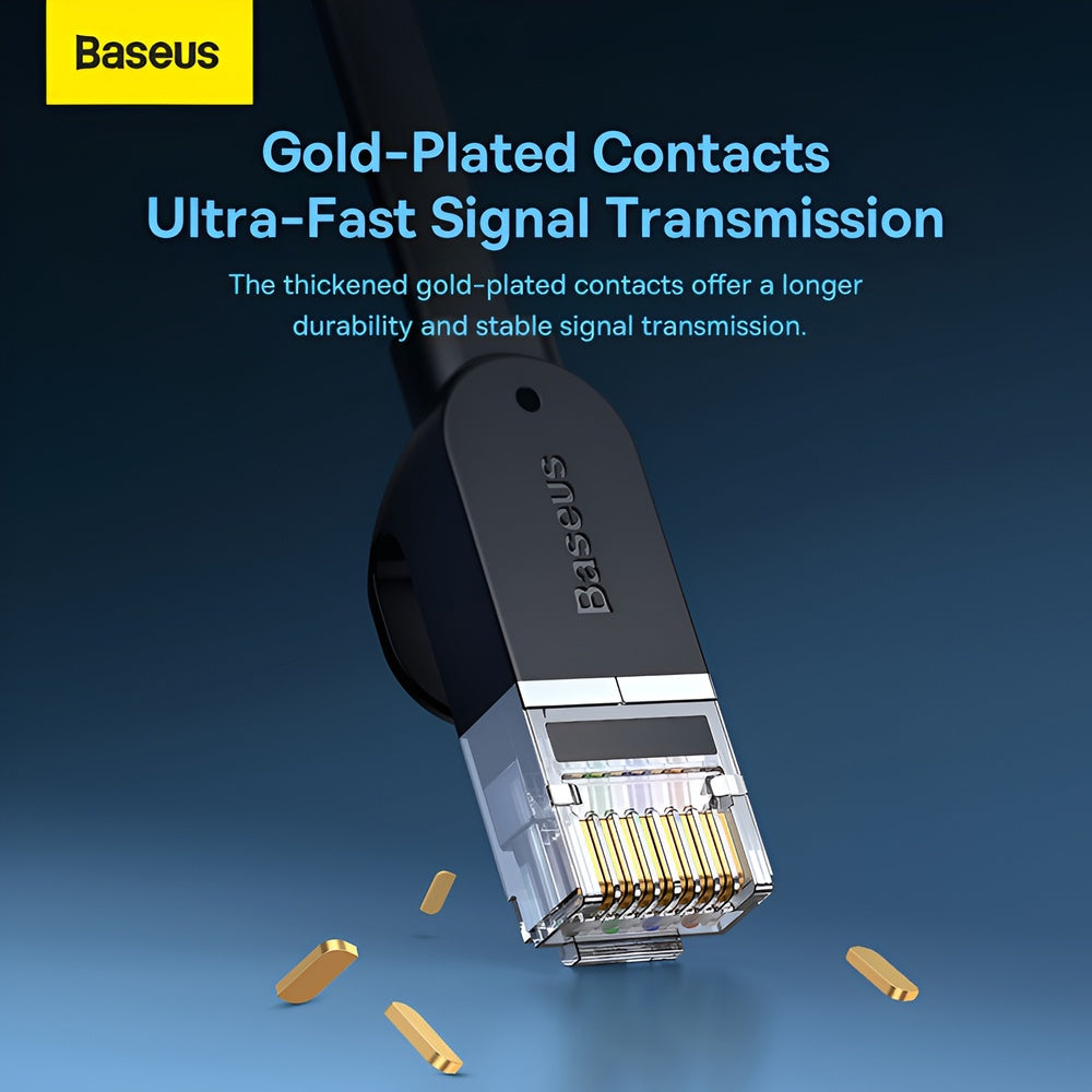 Baseus Ethernet cable connector with gold-plated contacts on a blue background