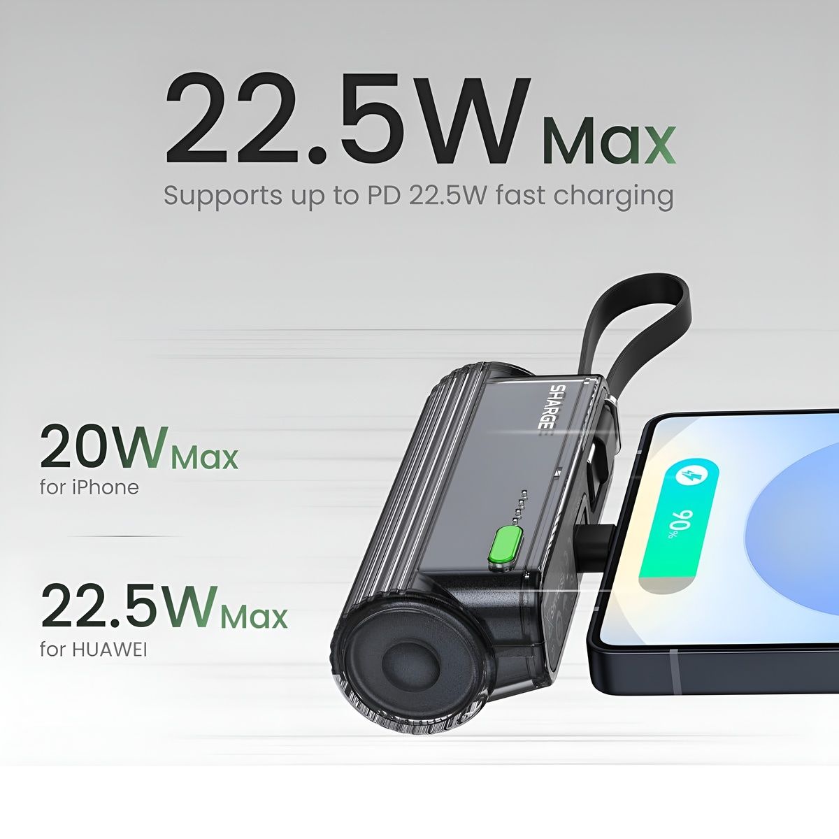Sharge Flow Mini 2 22.5W Power Bank (5000mAh, Built‑in USB‑C & Lightning) Portable charger with fast charging capabilities for Apple and Huawei devices on a white background