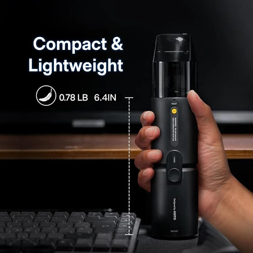 Hand holding a compact black device with text indicating 'Compact & Lightweight' and dimensions.