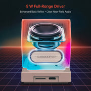 Divoom MiniToo Retro Pixel Bluetooth Speaker (1.77" Screen, 5W, App Control) 5 W Full-Range Driver with enhanced bass reflex and clear near-field audio on a retro grid background.