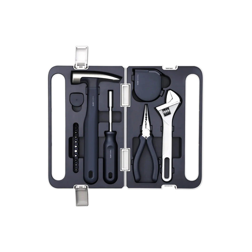 HOTO Household Tool Kit Multipurpose Set of tools in a black case on a white background
