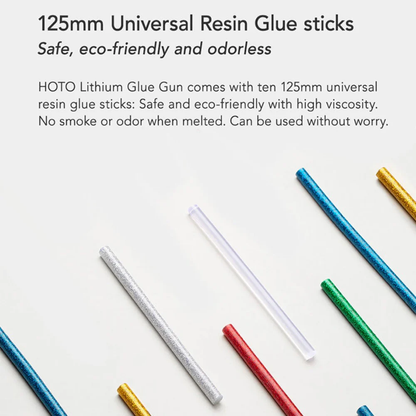 HOTO Hot Melt Glue Sticks, 125mm Universal Resin Glue sticks in various colors on a white background with text about safety and eco-friendliness.
