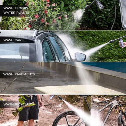 HOTO 20V Pressure Washer Pro, Collage of a pressure washer being used to wash floors, plants, cars, pavements, and bicycles.