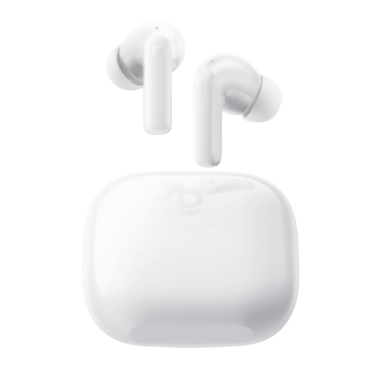 White wireless earbuds with charging case on a white background