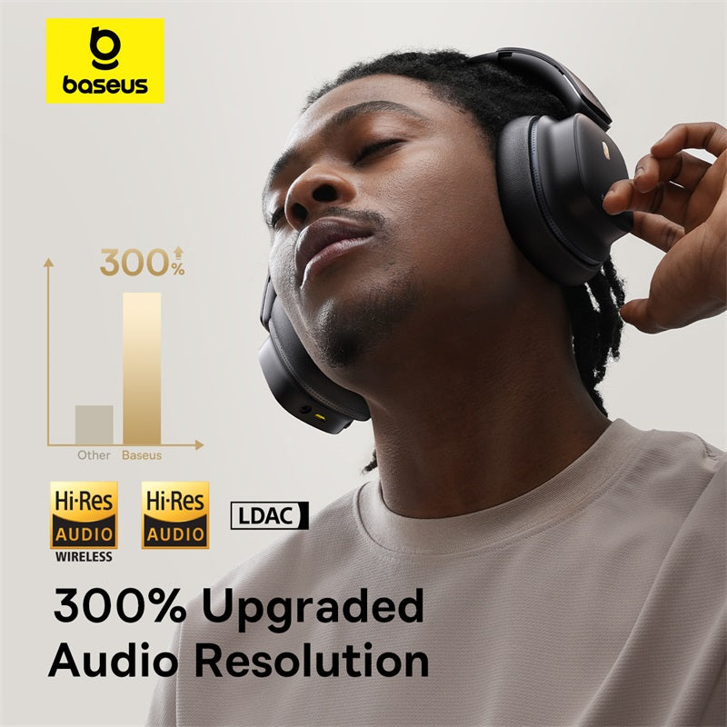 Person wearing headphones with Baseus logo and text about audio resolution upgrade.