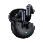 Black wireless earbuds in charging case on a white background