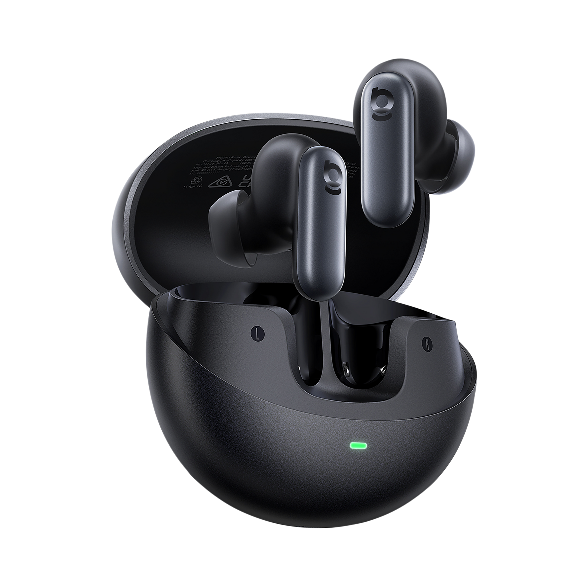 Black wireless earbuds in charging case on a white background