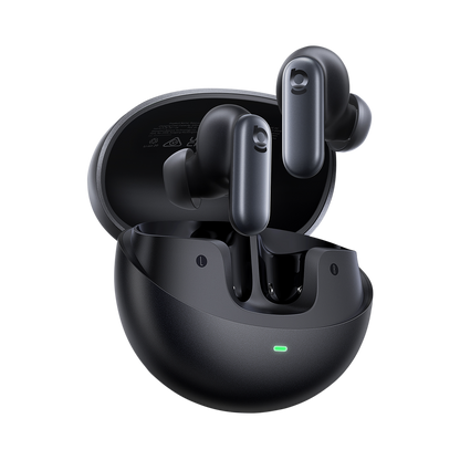 Black wireless earbuds in charging case on a white background