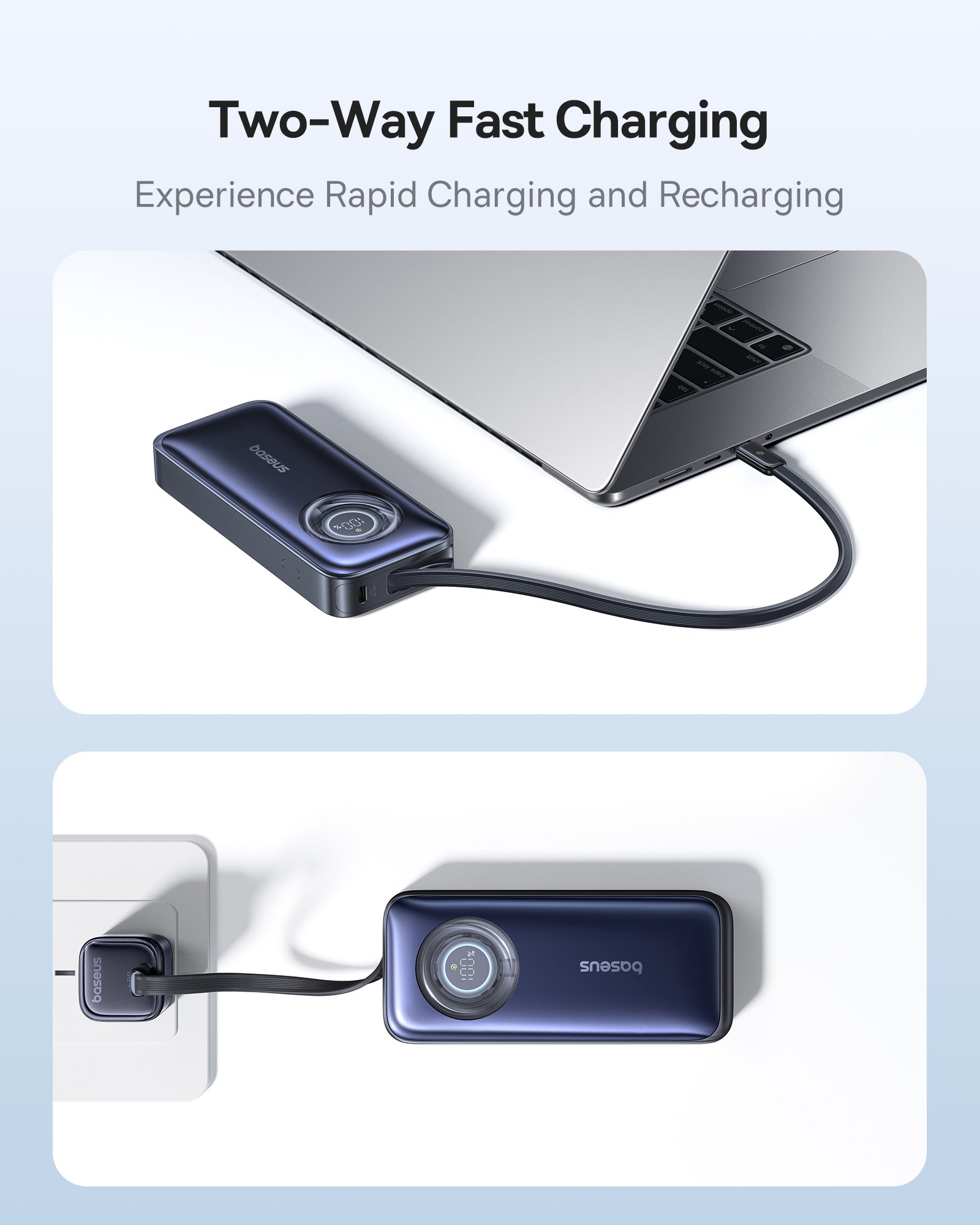 Two-way fast charging device connected to a laptop and wall outlet with text 'Two-Way Fast Charging' and 'Experience Rapid Charging and Recharging'.