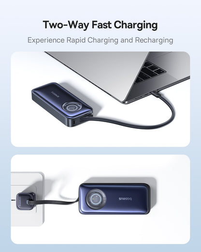 Two-way fast charging device connected to a laptop and wall outlet with text 'Two-Way Fast Charging' and 'Experience Rapid Charging and Recharging'.