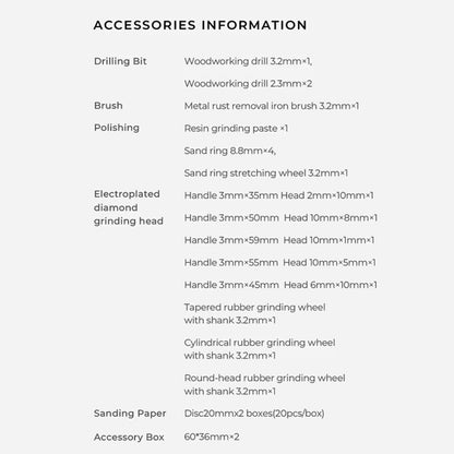 HOTO Rotary Tool Accessories Kit, List of accessories with their specifications on a white background