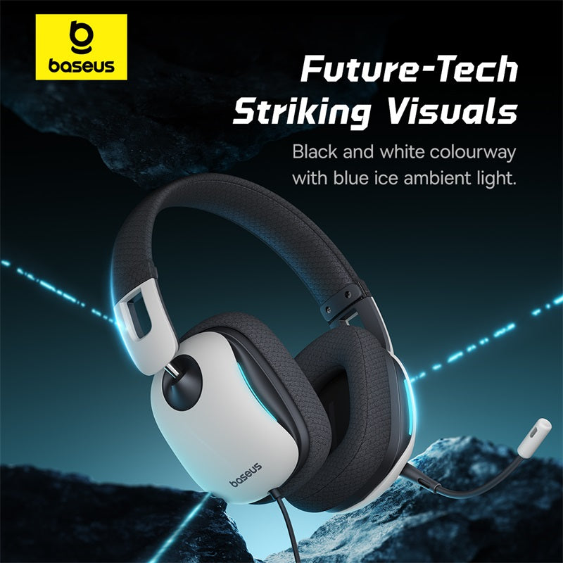Headphones with baseus branding on a dark background with blue ambient light