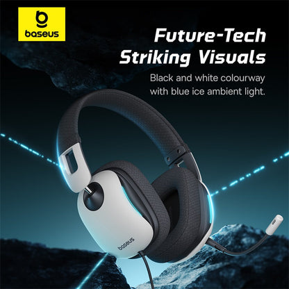 Headphones with baseus branding on a dark background with blue ambient light