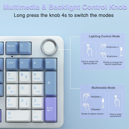 Keyboard with multimedia and backlight control knob on a light blue background