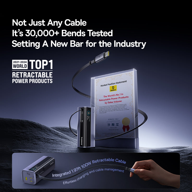 Retractable power product with certification plaque and text about testing and industry leadership.