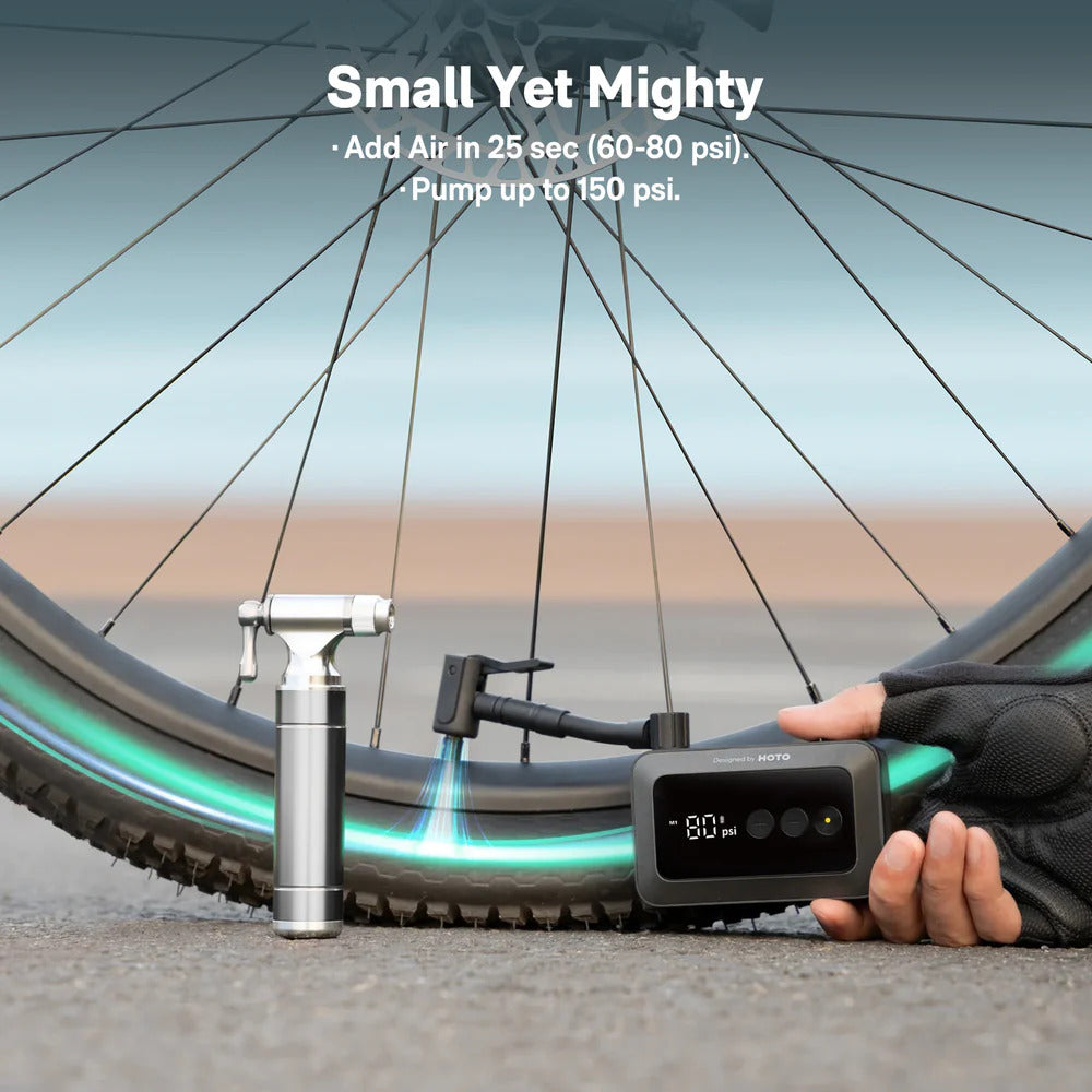 HOTO Air Pump Pocket, Hand using a digital bicycle pump to inflate a bike tire with text about pump capabilities.