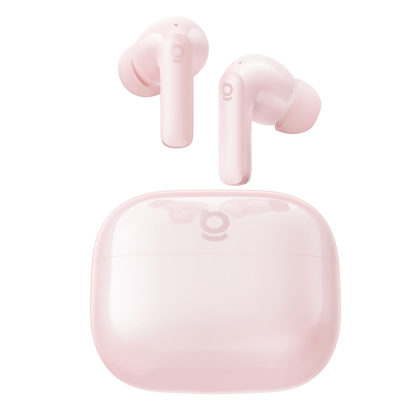 Pink wireless earbuds with charging case on a white background