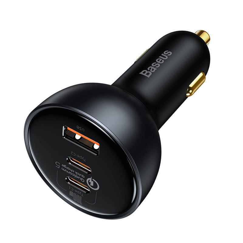 Black car charger with USB ports on a white background, featuring the Baseus brand.