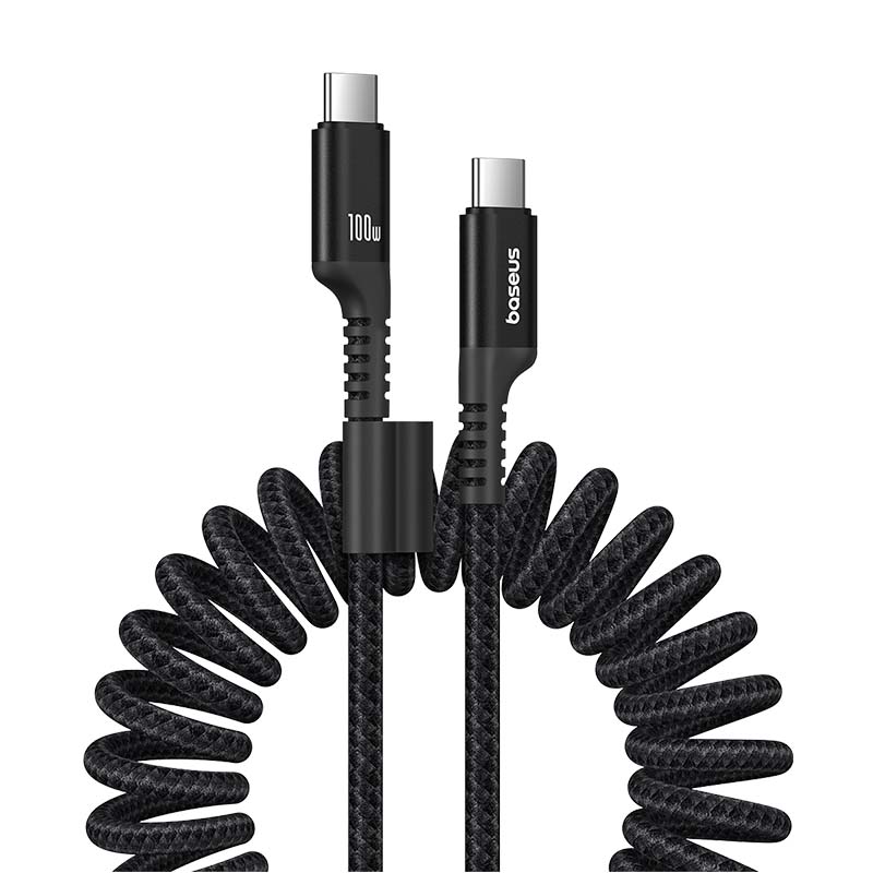 Black coiled USB cable with 'baseus' branding on a white background