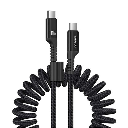 Black coiled USB cable with 'baseus' branding on a white background
