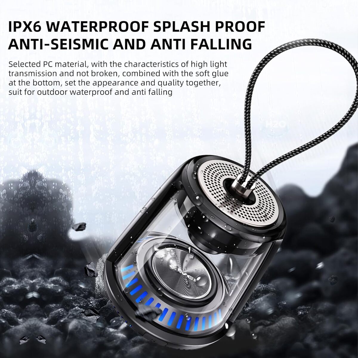 Waterproof device with text highlighting features like IPX6, splash proof, anti-seismic, and anti-falling.