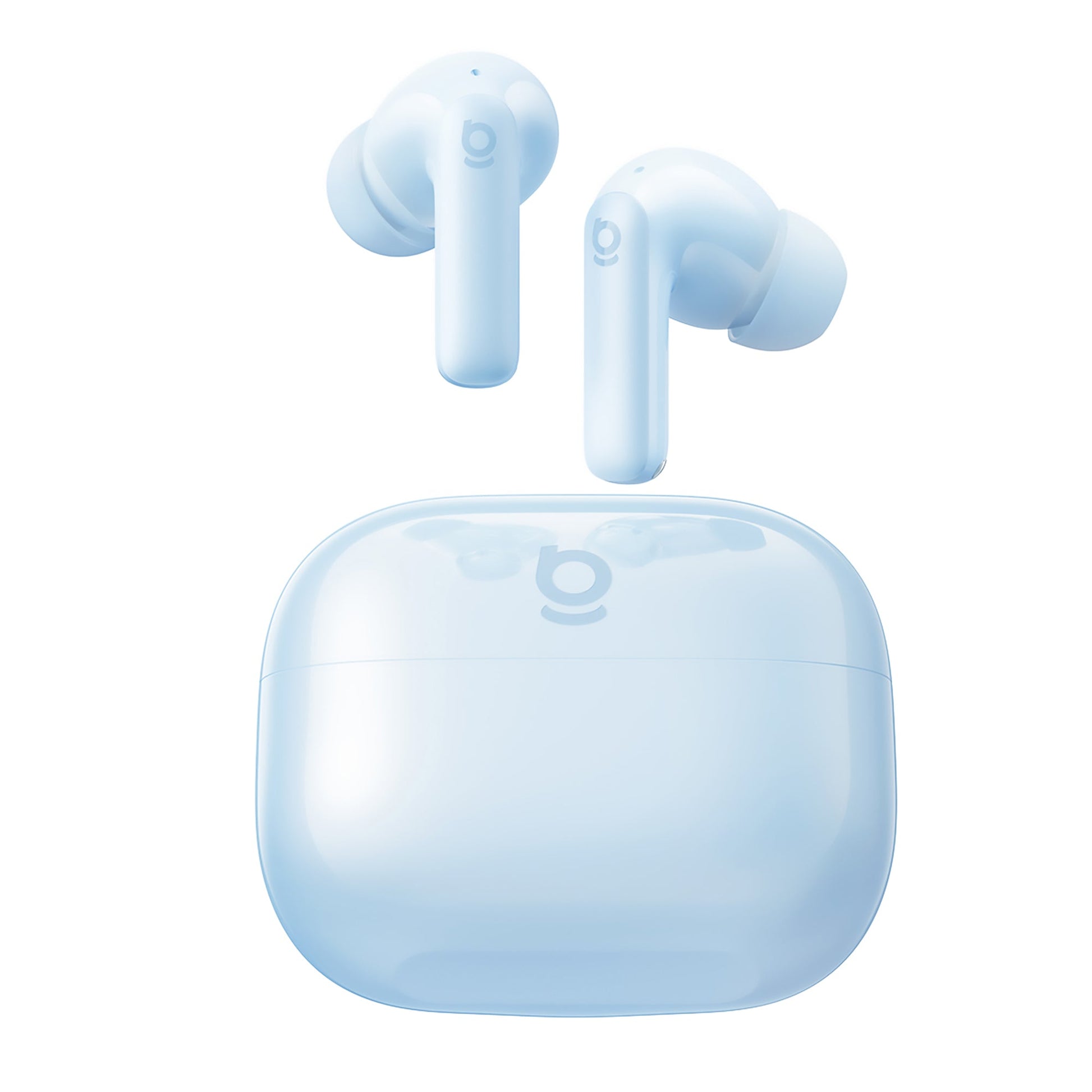 Blue wireless earbuds with charging case on a white background