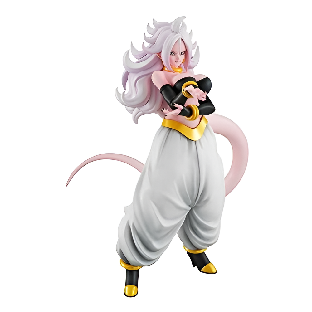 Figure of a character with pink hair and white outfit on a white background